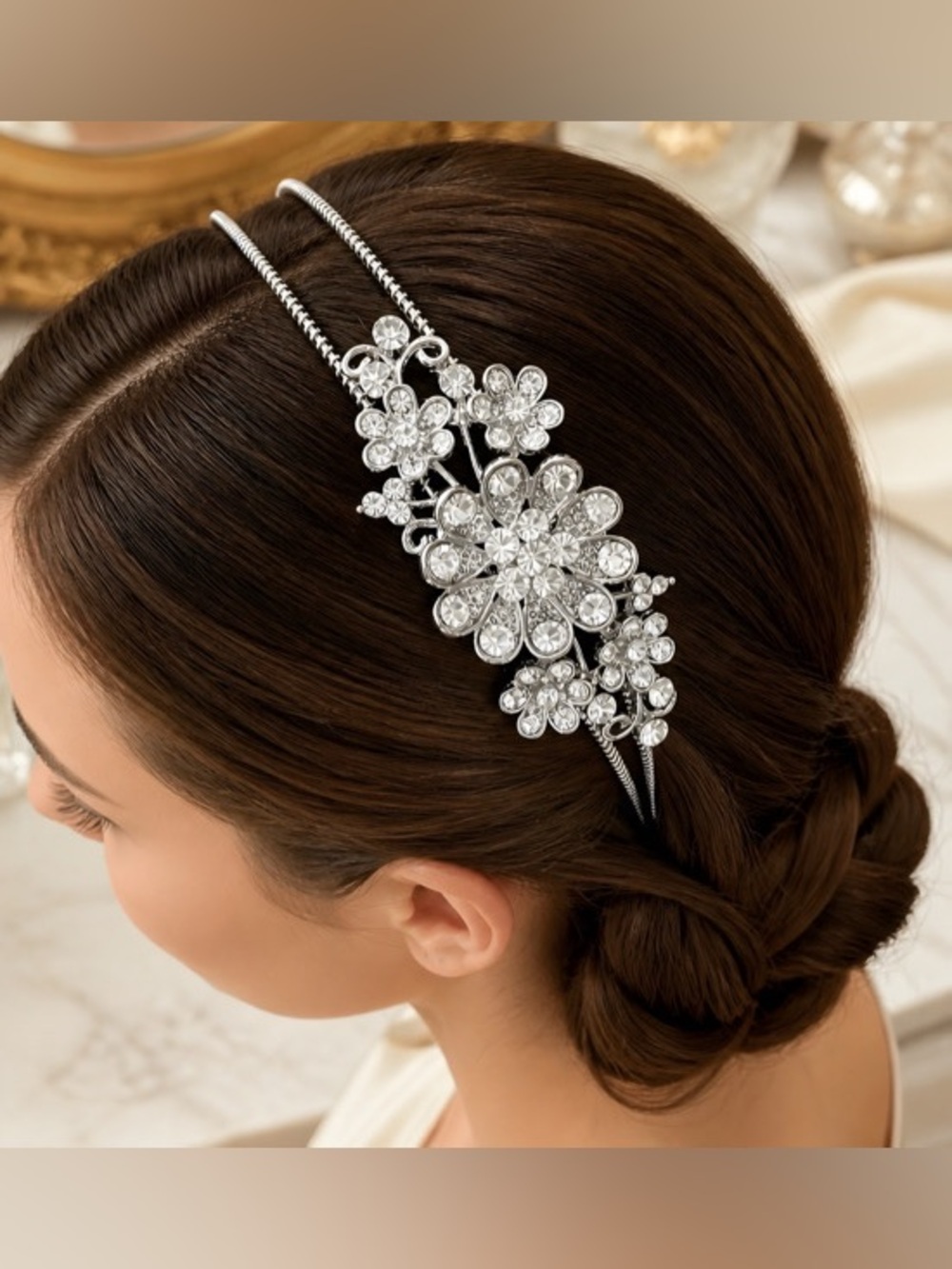 Silver-tone SpaoCrystal Floral Double-Band Headband - Women Accessories